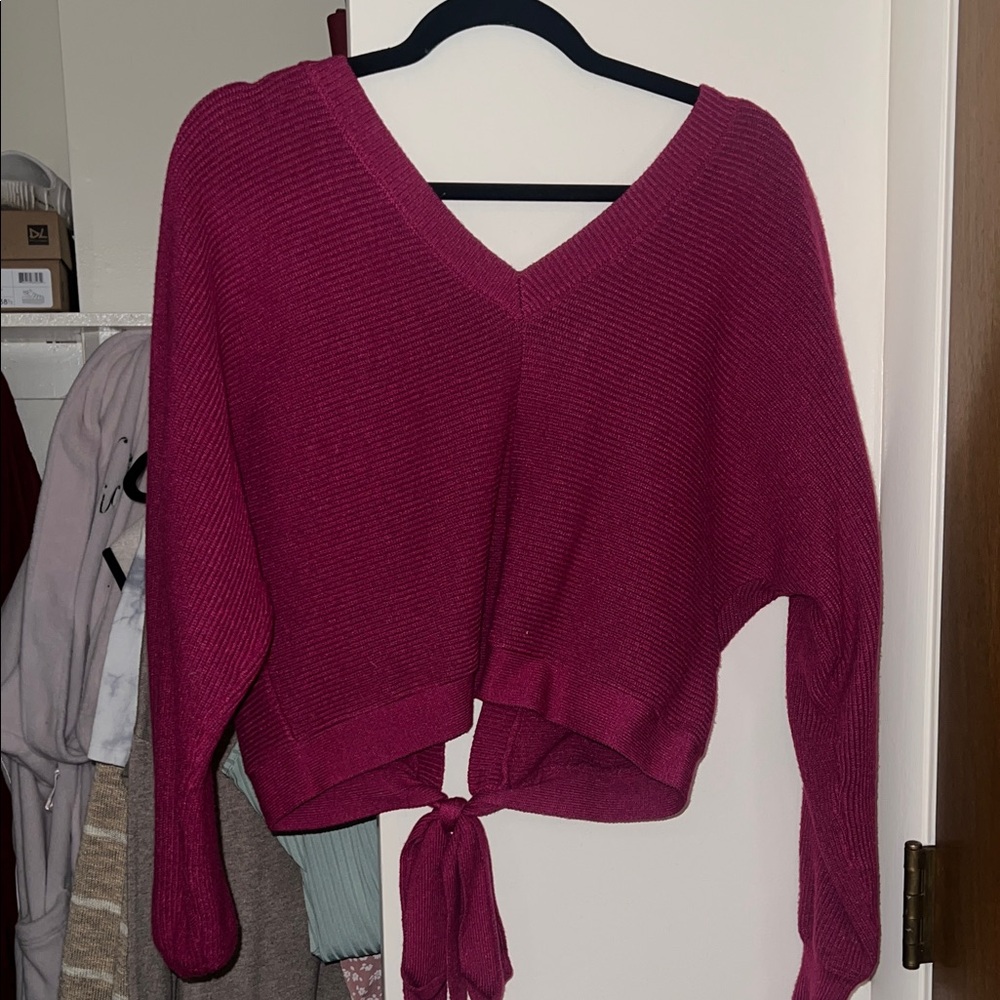 Dry Goods V-Neck Sweater with Tie-Back - Fuchsia